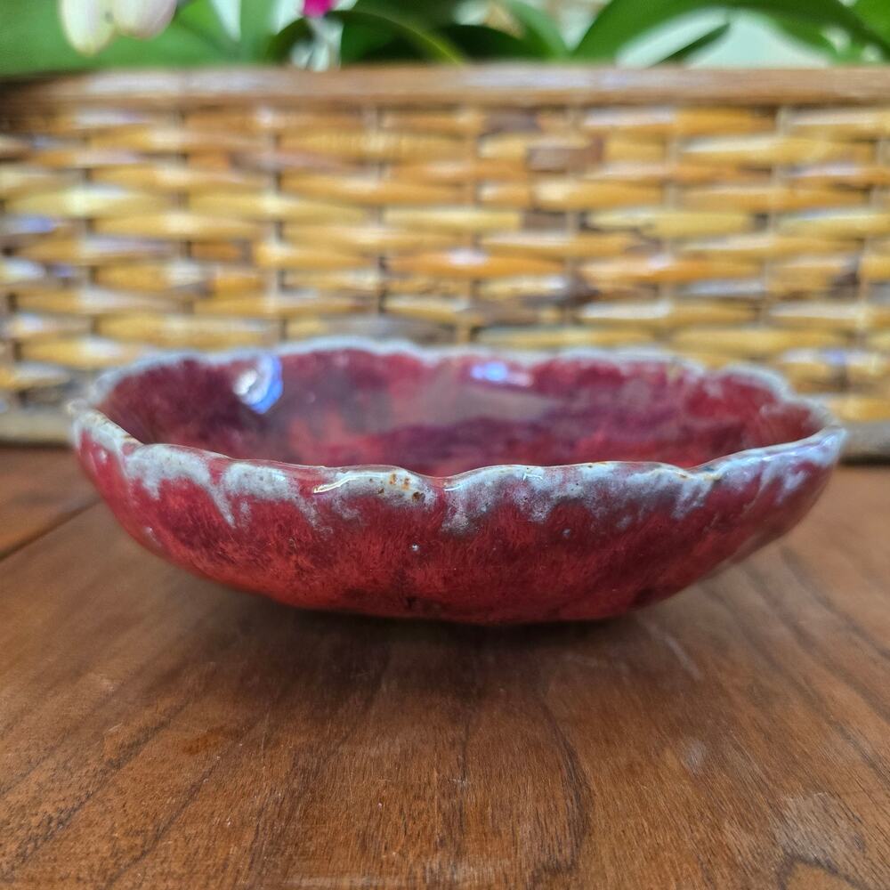 Studio Art Pottery Red Bowl Gray Drip Rim Glazed Classic Rustic Earthy Boho - Picture 2 of 10